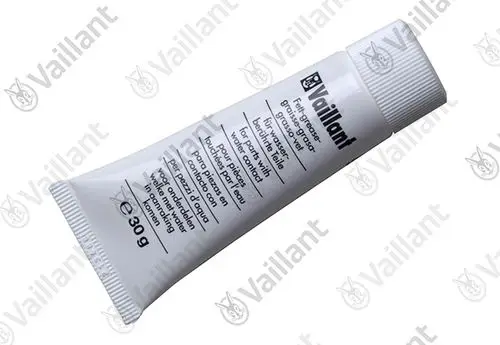 Weißer Behälter mit Schraubverschluss, gekennzeichnet mit "Vaillant", enthält eine fettige Substanz, die für wasserfeste Teile geeignet ist. Menge: 30 g.